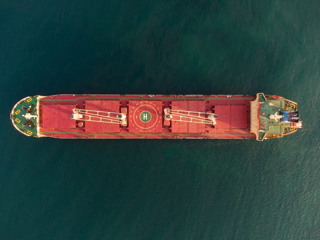 Large general cargo ship, Top down aerial view.